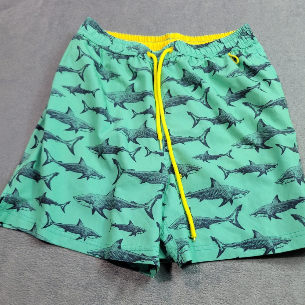 Banana Boat Mens Shark Print Swim Trunks Green Yellow UPF 50+ Mesh Lining Small
